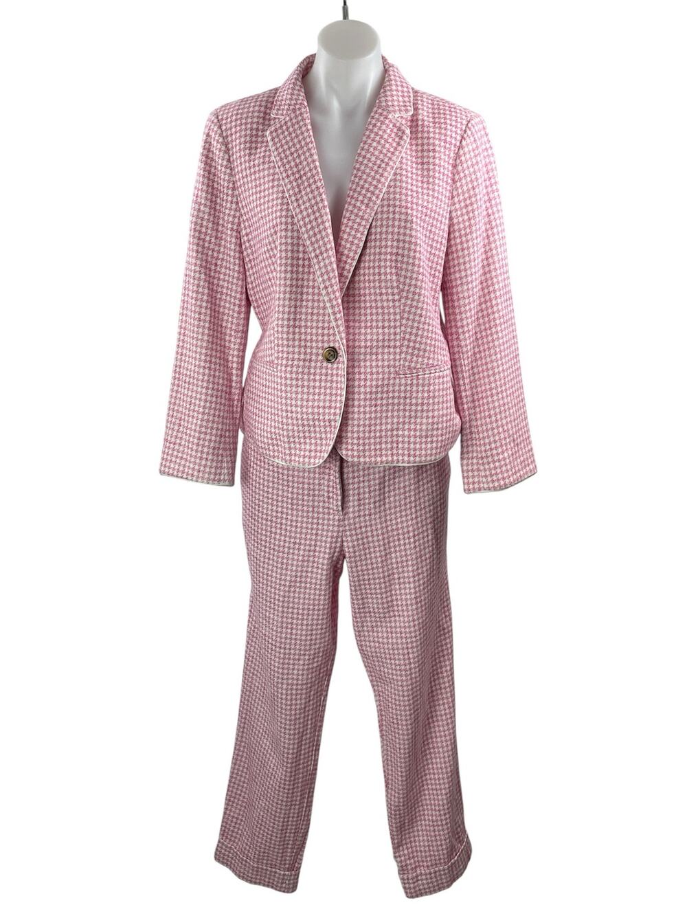 Ann Taylor Curvy Fit Pink Houndstooth Blazer Dress Pants Two Piece Set Size 10